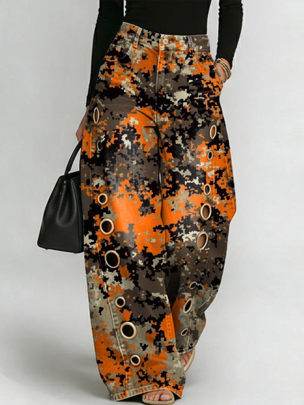 Wide Leg Grommet Detail Pants - Orange Camo
